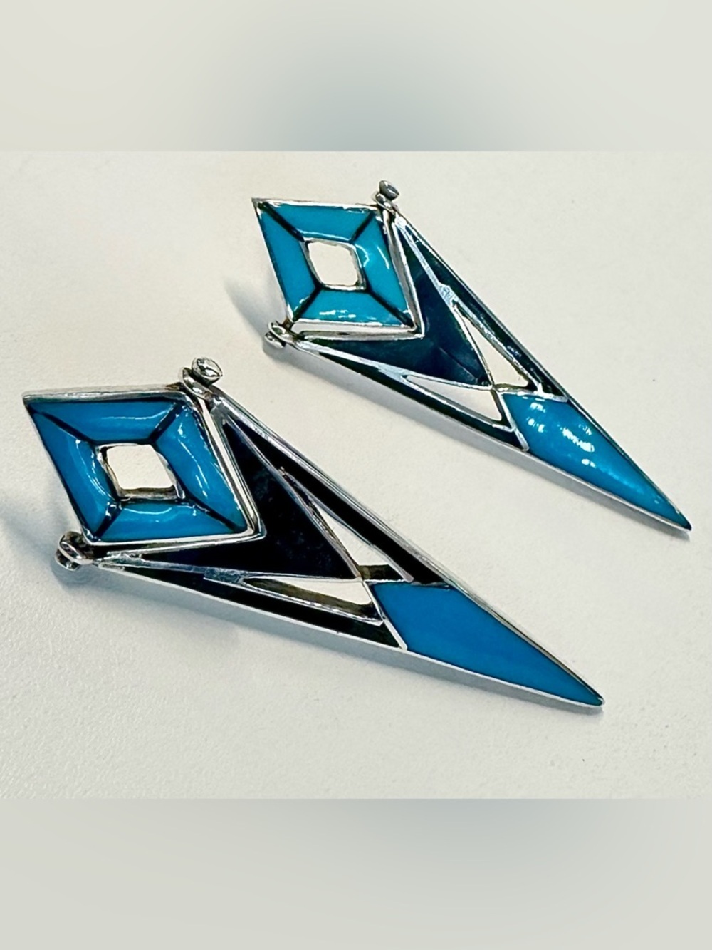 Vintage Sterling Silver Onyx & Enamel Geometric Hinged Postback Earrings (2”/6g)